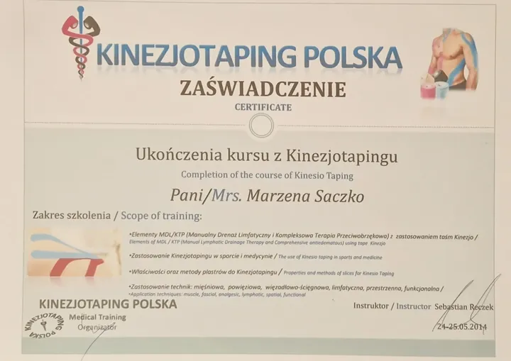Certyfikat: Kinesiotaping, Kinesiotaping Polska, 2014