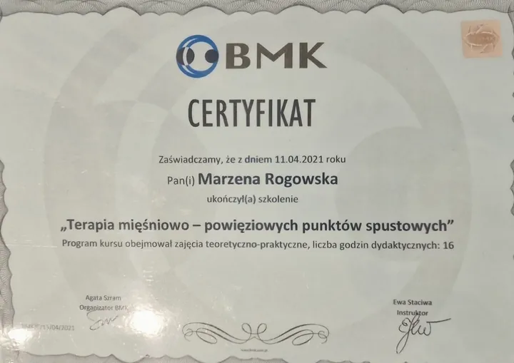 Certyfikat: Terapia punktów spustowych, BMK, terapia mięśniowo-powięziowych punktów spustowych, 2021