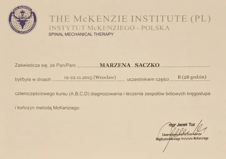 Certyfikat: Metoda McKenzie, część B, The McKenzie Institute Polska, Wrocław 2015