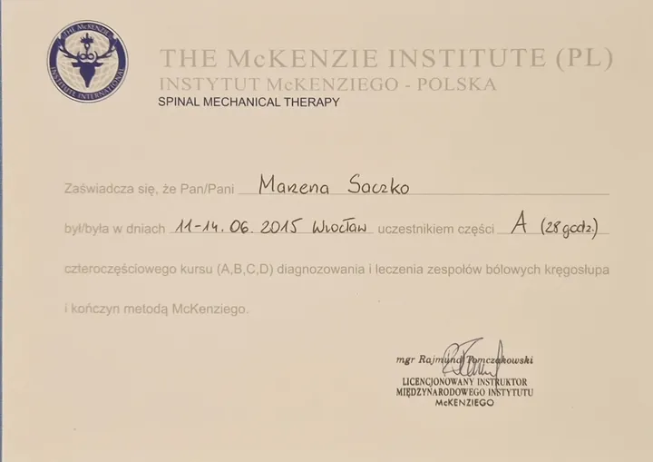 Certyfikat: Metoda McKenzie, część A, The McKenzie Institute Polska, Wrocław 2015