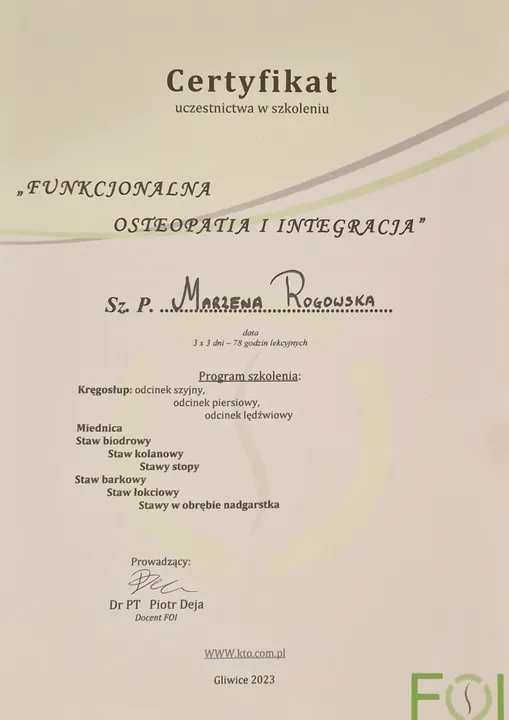 Certyfikat: Osteopatia FOI, Funkcjonalna Osteopatia i Integracja, 76 godzin, 2023