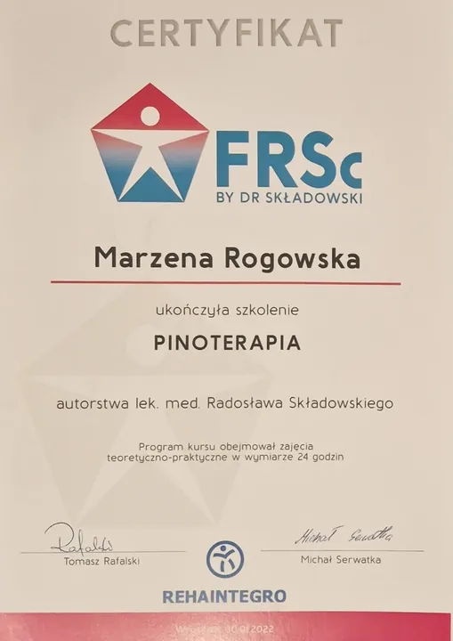 Certyfikat: Pinoterapia, FRSc, szkolenie 24-godzinne