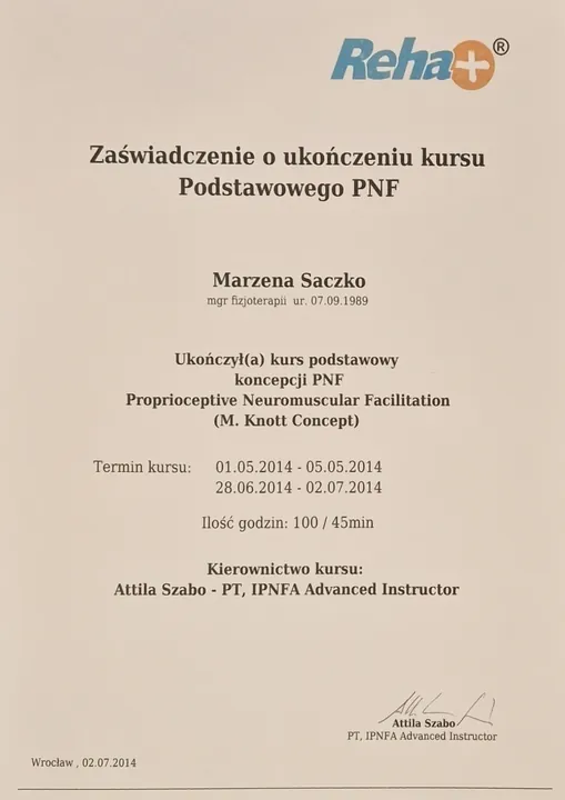 Certyfikat: PNF, kurs podstawowy, IPNFA, 100 godzin, Wrocław 2014