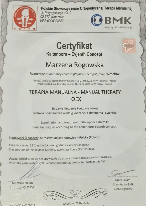 Certyfikat: Terapia manualna Kaltenborn-Evjenth, OEX, PSOTM / BMK, kończyna górna, 2021