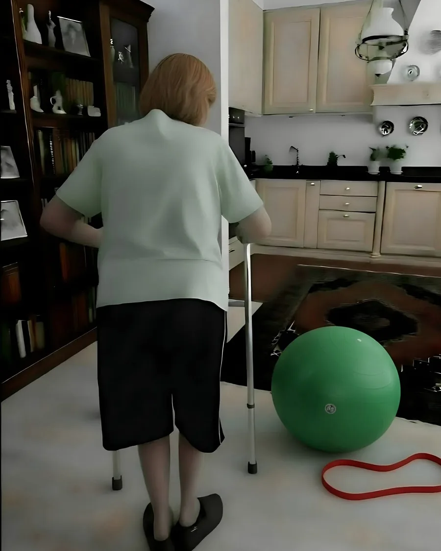 Seniorka ćwiczy w domu z balkonikiem; obok piłka rehabilitacyjna i taśma do ćwiczeń