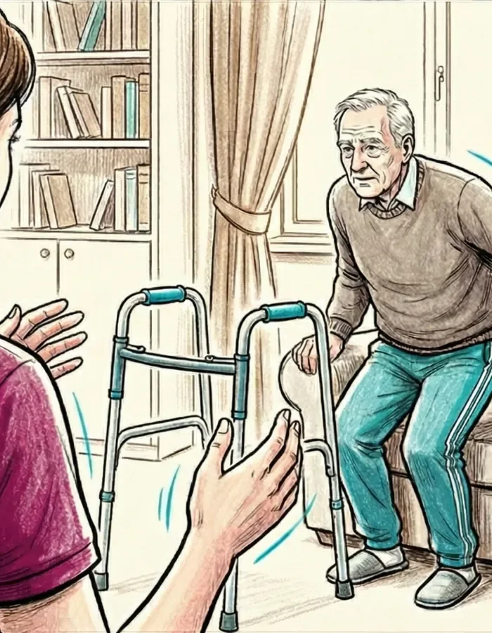 Senior wstaje z łóżka trzymając balkonik, opiekun asekuruje z boku