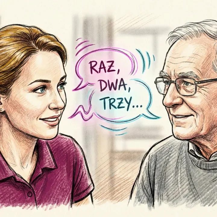 Fizjoterapeutka odlicza do trzech przed wstaniem, senior słucha