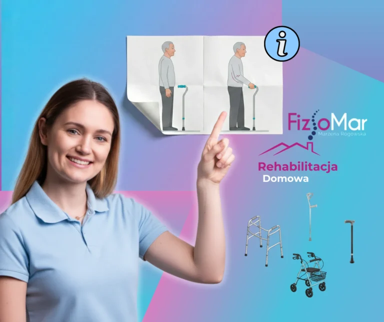 Uśmiechnięta fizjoterapeutka wskazuje na ilustrację prawidłowej postawy z laską. Obok logo "FizjoMar Rehabilitacja Domowa" i sprzęt rehabilitacyjny na niebiesko-różowym tle.