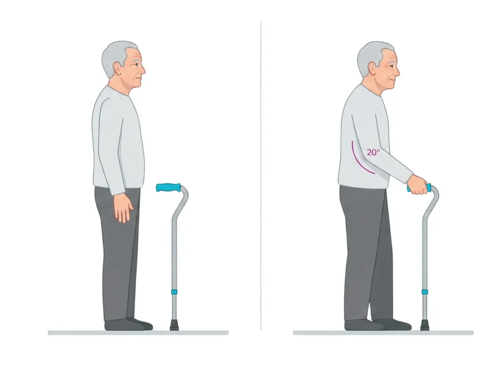 Dwuczęściowa ilustracja edukacyjna pokazująca prawidłowe dopasowanie wysokości laski ortopedycznej do wzrostu seniora oraz poprawną pozycję ręki podczas jej używania, z łokciem zgiętym pod kątem 20 stopni.