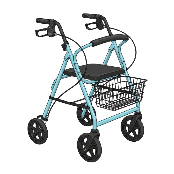 Błękitny chodzik czterokołowy (rollator) z siedziskiem, hamulcami ręcznymi i przednim koszykiem.