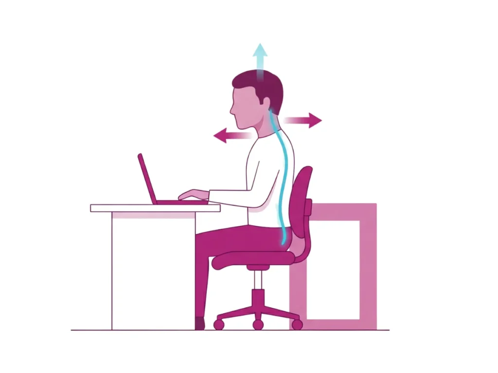 Ilustracja przedstawiająca ćwiczenie retrakcji szyi przy biurku w celu korekcji postawy tech-neck – FizjoMar Wrocław.