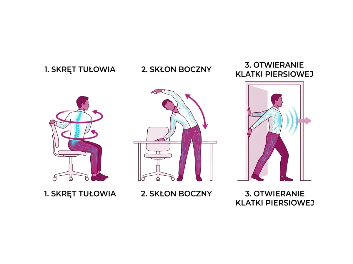 Zestaw trzech ćwiczeń powięziowych 3D przy biurku: skręt tułowia, skłon boczny i otwarcie klatki piersiowej.